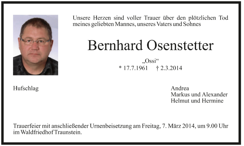  Traueranzeige für Bernhard Osenstetter vom 03.03.2014 aus Region Chiemgau